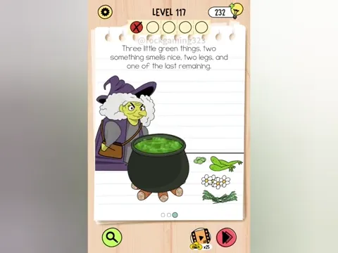 Brain Test 5 Level 117 - Three green things, two something smells nice, two legs, and one of the last remaining. (Image 1)
