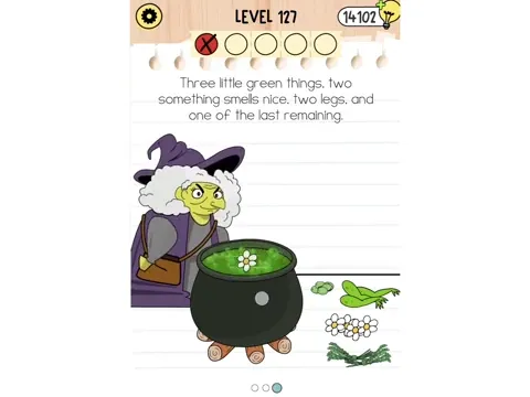 Brain Test 5 Level 127 - Three little green things, two something smells nice, two legs, and one of the last remaining. (Image 1)