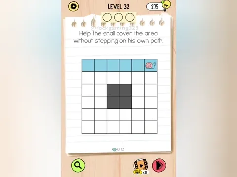 Brain Test 5 Level 32 - Help the snail cover the area without stepping on his own path. (Image 1)