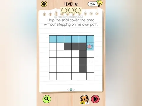 Brain Test 5 Level 32 - Help the snail cover the area without stepping on his own path. (Image 2)