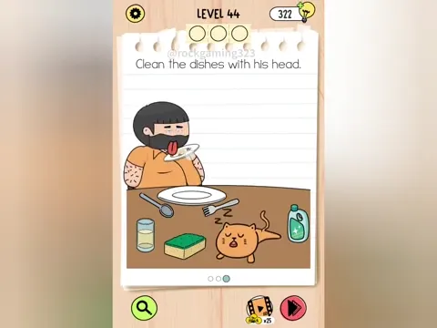 Brain Test 5 Level 44 - Clean the dishes with his head. (Image 2)