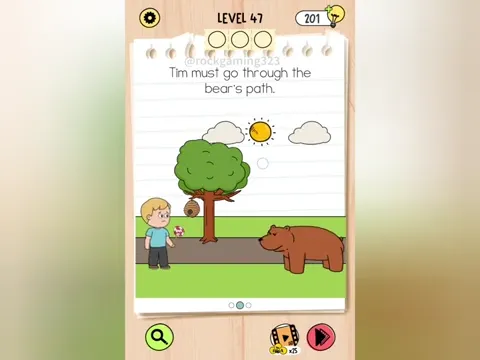 Brain Test 5 Level 47 - Tim must go through the bear's path. (Image 1)