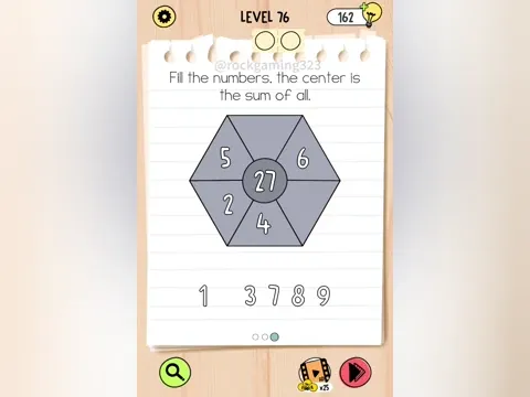 Brain Test 5 Level 76 - Fill the numbers, the center is the sum of all. (Image 1)
